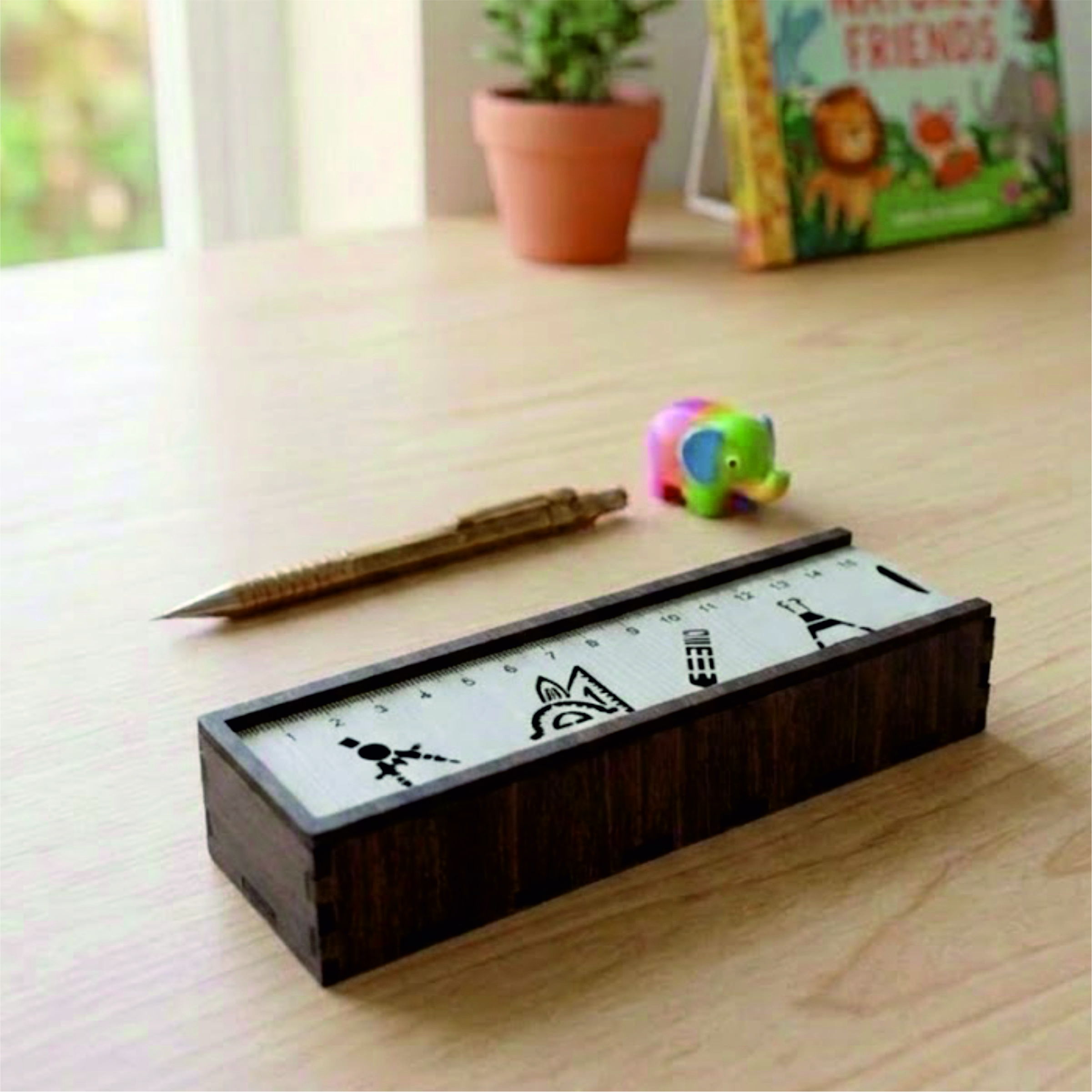 Sliding Wooden Pencil Box with Ruler