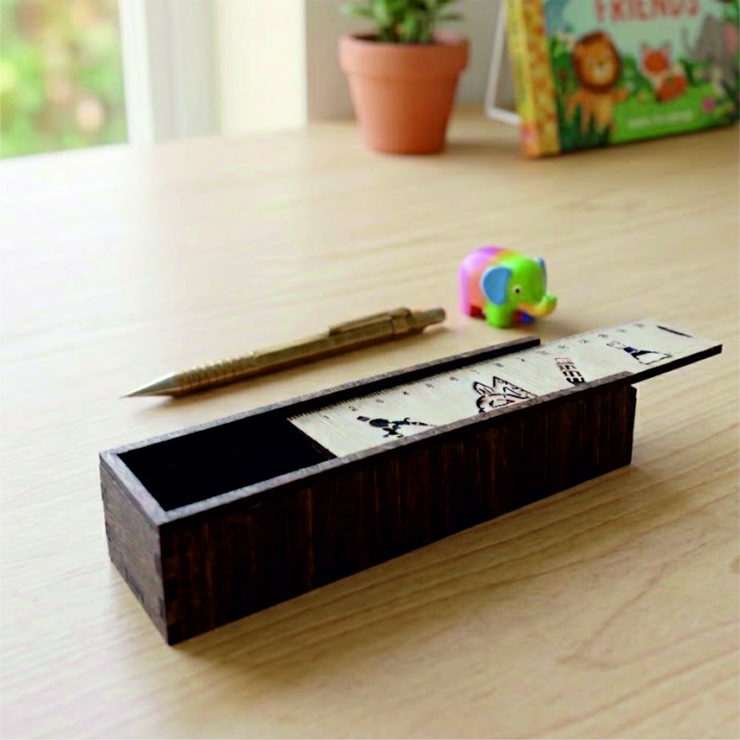 Sliding Wooden Pencil Box with Ruler