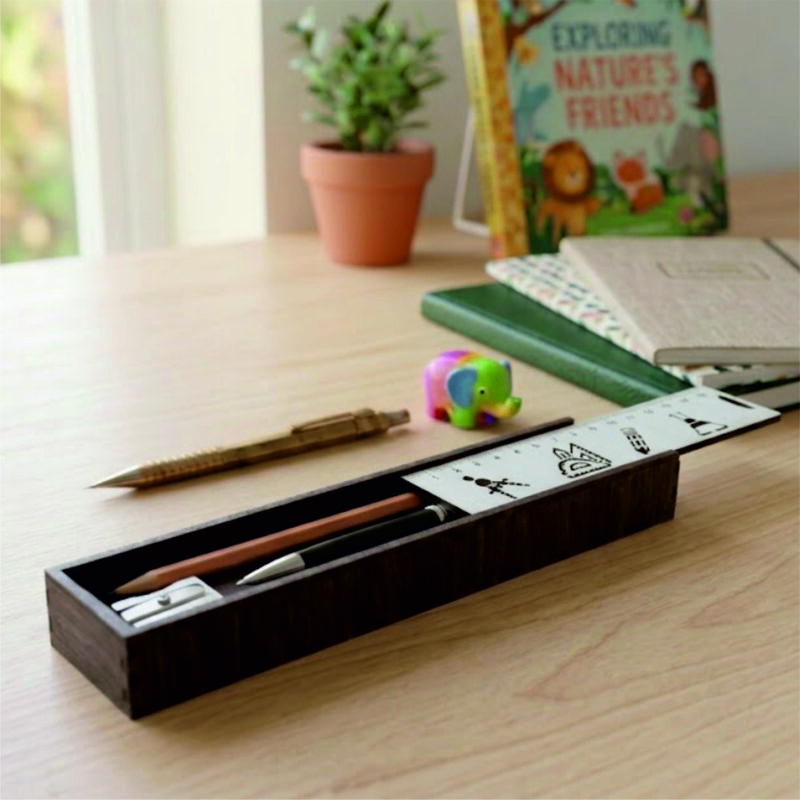 Sliding Wooden Pencil Box with Ruler