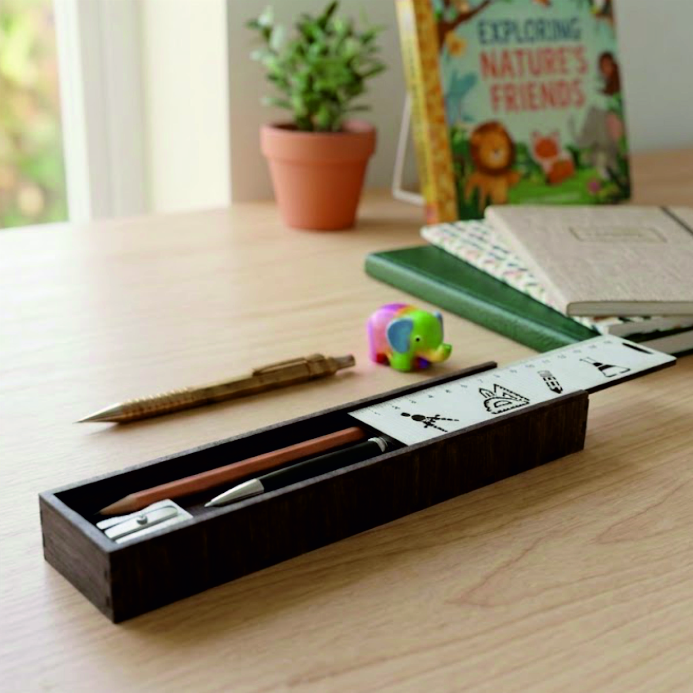 Sliding Wooden Pencil Box with Ruler