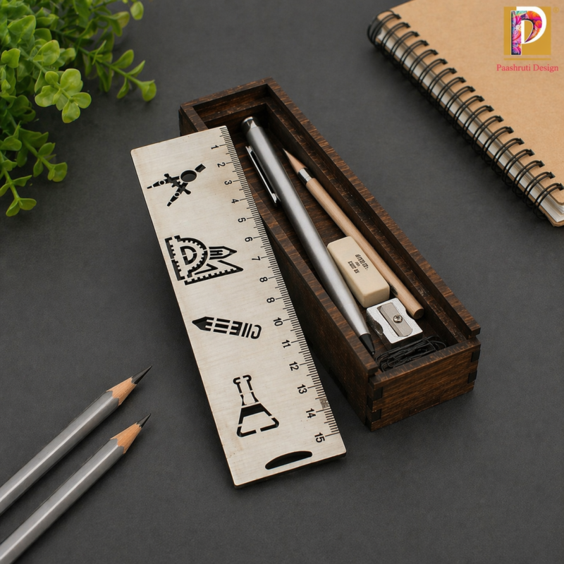 Sliding Wooden Pencil Box with Ruler