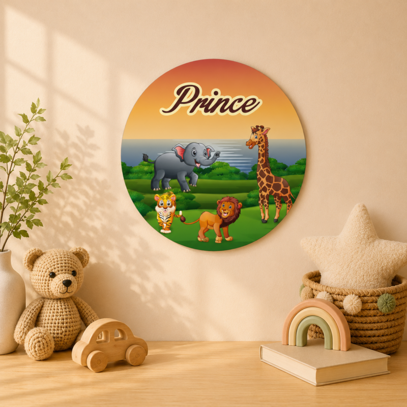 DIY MDF Jungle Theme Kids Name Plate Kit – Personalized “Prince” Door Name Board for Kids Room