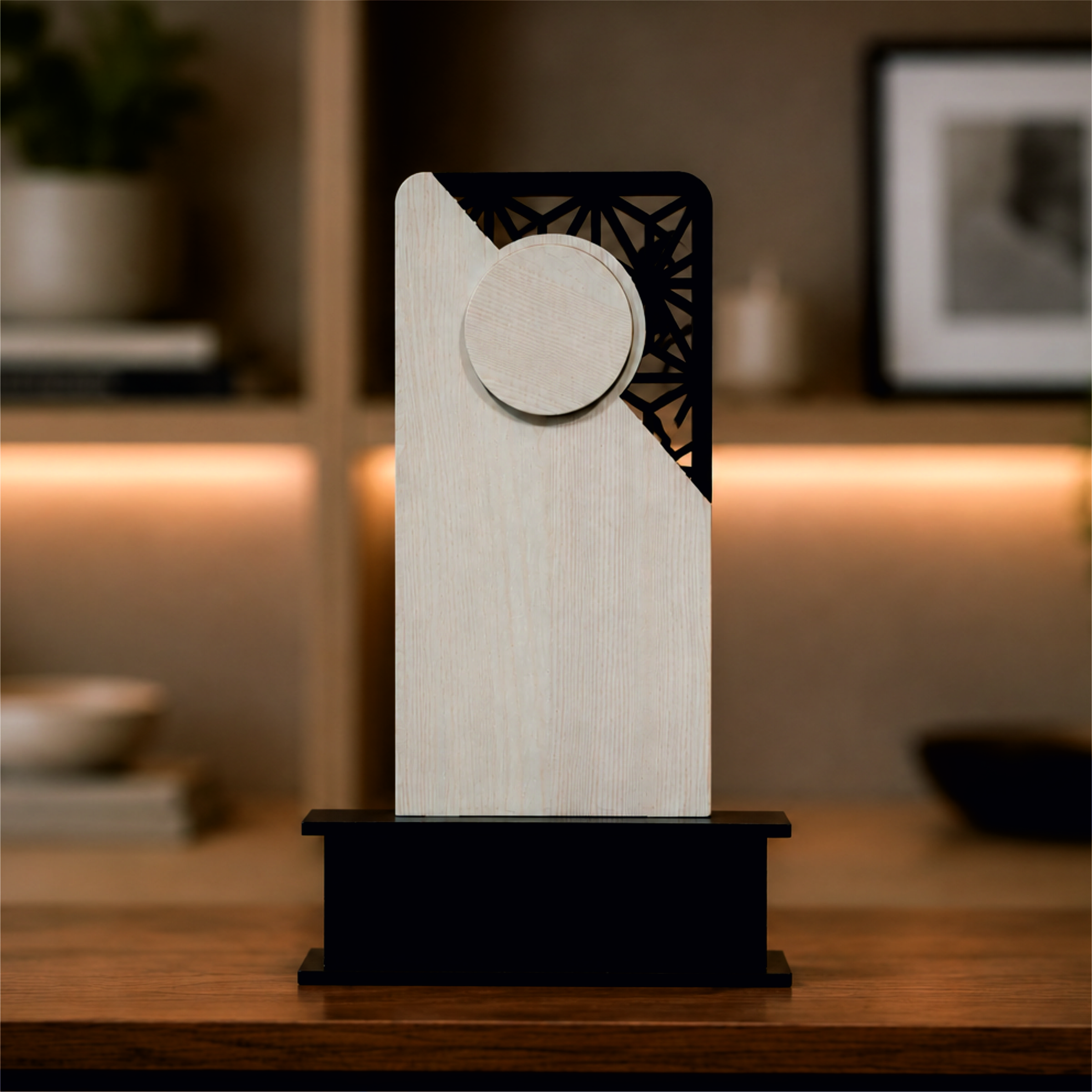 Modern Geometric MDF Trophy with Circular Accent – Elegant Award Plaque