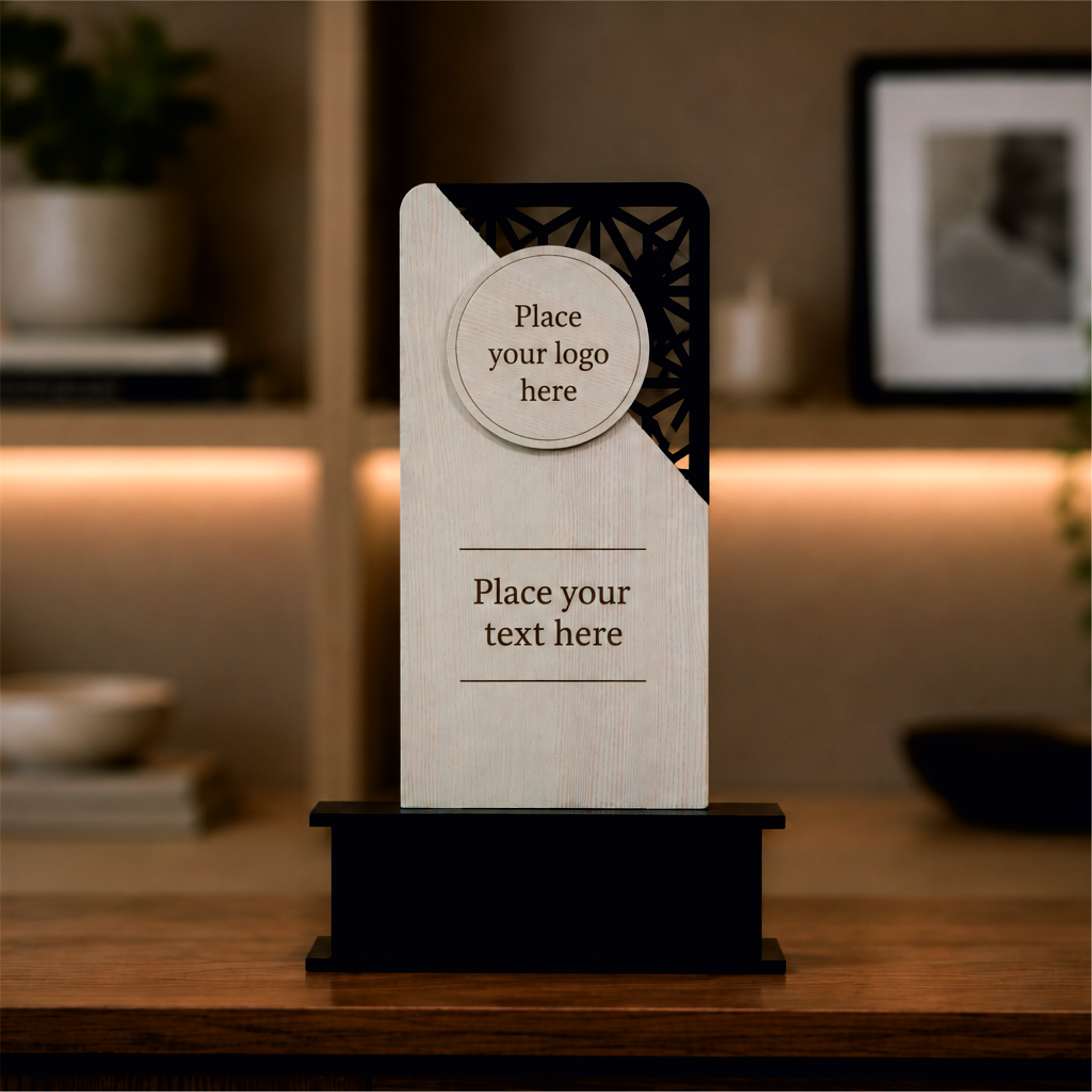 Modern Geometric MDF Trophy with Circular Accent – Elegant Award Plaque
