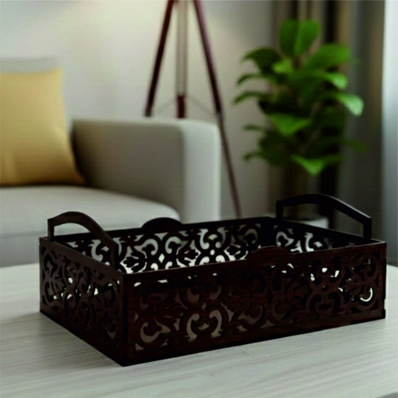 Elegant Floral Cutwork MDF Serving & Storage Tray with Handles