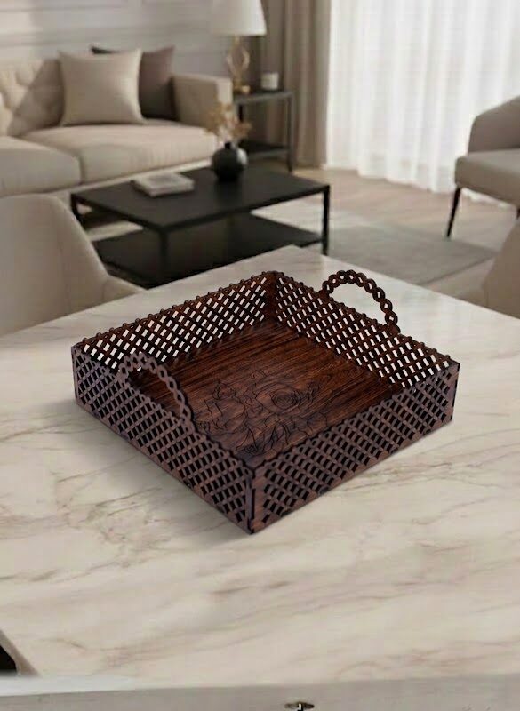 Rose-Engraved Lattice Wood TrayRose-Engraved Lattice Wood Tray