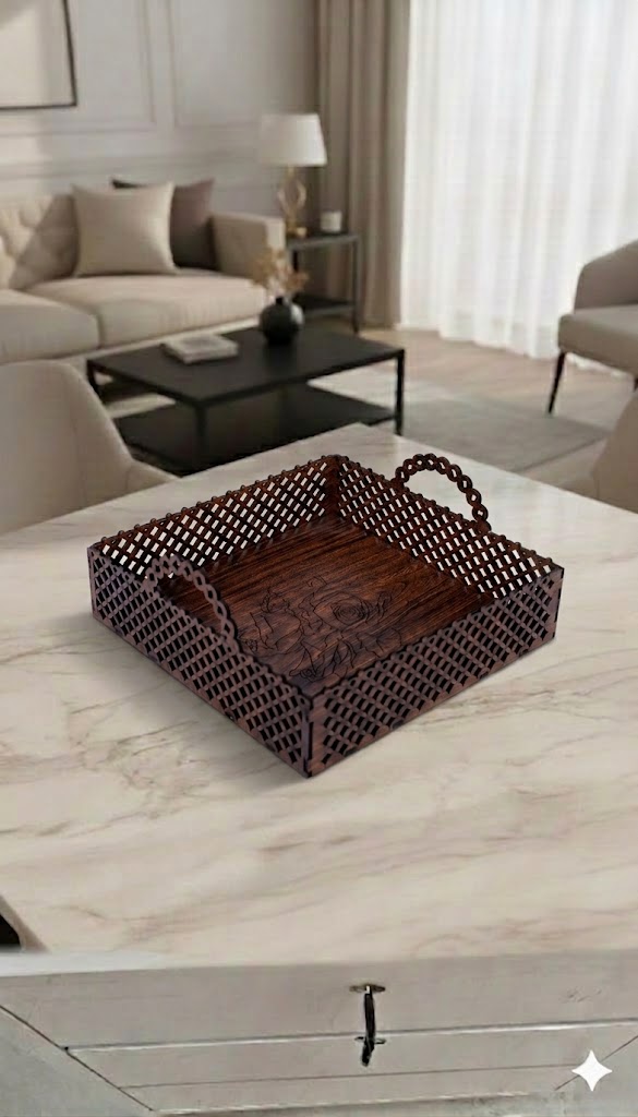Rose-Engraved Lattice Wood TrayRose-Engraved Lattice Wood Tray